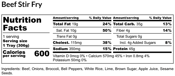 Nutritional Facts - Beef Stir Fry 6oz